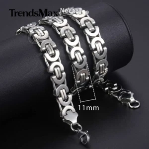 11mm Men's Silver Flat Byzantine Chain Necklace 316L Stainless Steel 18-36" Xmas - Picture 1 of 16