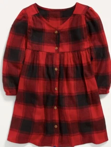Old Navy Kid Girls Size 5T Buffalo Flannel Smocked Long Sleeve Dress NWT Red - Picture 1 of 2