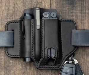 Hombres Cintura Bolso de Cuero de Vaca Paquete de Herramientas Cuchillo Pluma Soporte de Antorcha Bolsa Negro W25 - Imagen 1 de 3