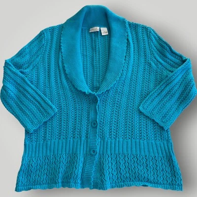 Kim Rogers Women's L Teal Blue Shawl Collar Button Up Cardigan Sweater - Image 1 of 4