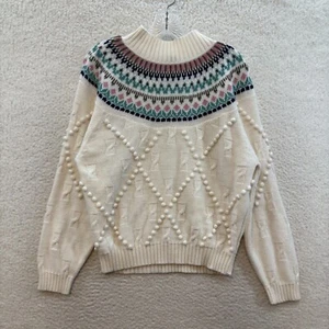 Vintage Mock Neck Sweater Medium Womens Cream Ivory Fairy Isle Nordic Icelandic - Picture 1 of 7