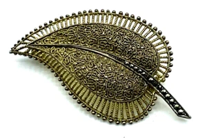 Antik 925 Silber vergoldet TF Theodor Fahrner Brosche Blatt mit Markasiten - Bild 1 von 6
