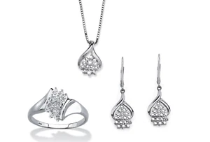 DIAMOND ACCENT CLUSTER EARRINGS NECKLACE RING SET PLATINUM STERLING SILVER - Picture 1 of 2