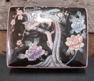 Vintage Japanese Sakura Trinket Box With Bird Made In Macau Enamel Ceramic - Picture 1 of 15