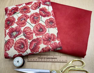 CUSHION FABRIC BUNDLE - Red Poppy Floral Tapestry & Red Suede Upholstery Fabric - Picture 1 of 6