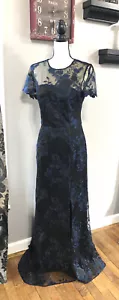 David Meister Black Dress w/ Black & Blue Floral Sheer Overlay Sz 8 Black Tie - Picture 1 of 11