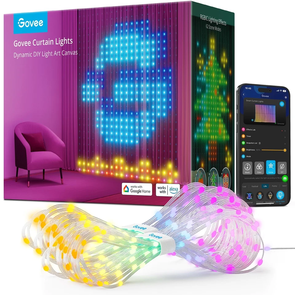 Govee Curtain Lights 520 LEDs RGBIC Luci per Tende LED WiFi Intelligenti all - Immagine 1 di 4