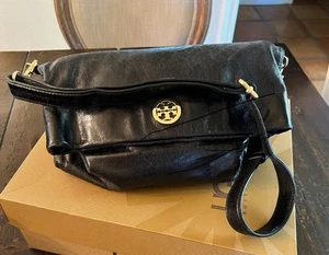 Tory Burch Womens Leather Foldover Crossbody Shoulder Bag Dena Black Size Medium - Picture 1 of 6
