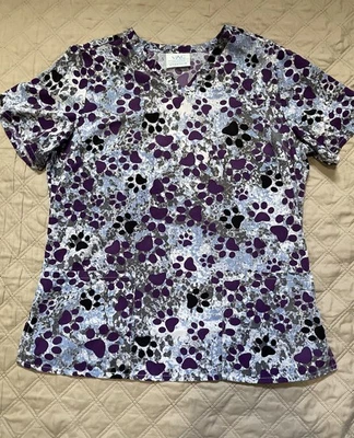 Women’s Scrub Top Ceil Blue / Purple Pawprints Size M Medium Stretch Poly Blend - Image 1 of 4