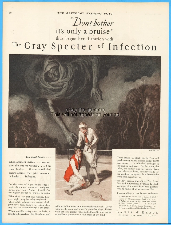 1927 Saul Tepper Art Bauer & Black Tennis Injury Gray Specter of Infection Ad - Image 1 of 1