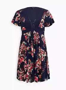Torrid Womens Plus Size 2X Floral Print Gauze Lace-Up Mini Skater Dress Lined - Picture 1 of 10