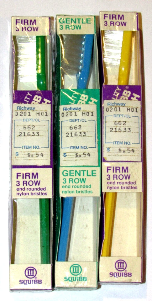 3 件老式/复古未使用 SQUIBB 3-ROW TOOTHBRUSHES! 黄色/绿色/蓝色! 硬 & 温柔! NOS — 第 1/4 张图片