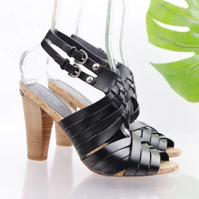Sandalia Coach Adrienn para mujer talla 10 tacón ancho tiras cuero negro envoltura al tobillo Foto 1 de 4