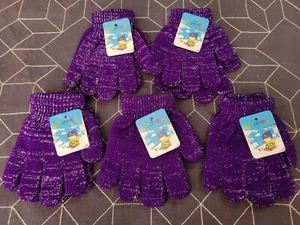 5 Pairs of Winter Gloves Kids PURPLE - Thermal Knit Stretchy Fuzzy Glove Sparkly - Picture 1 of 2
