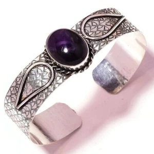 Brazalete Abierto Antiguo Grabado Hecho a Mano Piedra Preciosa Amatista Hecho a Mano - Imagen 1 de 3