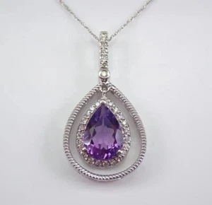 Pear Cut Simulated Purple Amethyst Stunning Pendant Chain 14k White Gold Plated - Picture 1 of 6