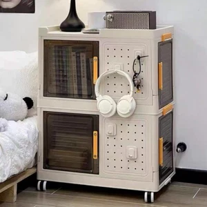 Rolling 2 Tier Storage Box 4-Door Plastic Cabinet Foldable Bookcase Container - Picture 1 of 9