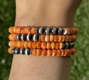 Sterling Silver Orange Spiny Oyster Pearls Bead Wrap Spiral Bracelet Free Size - Picture 1 of 12