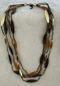 Layered Necklace Vtg Gold Tone Oblong Acrylic Beads Brown Orange Green Retro - Picture 1 of 8