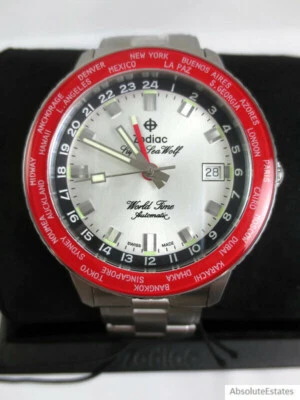 NEW Zodiac Super Sea Wolf GMT World Time Automatic Silver Red Watch ZO9410 Box - Image 1 of 4