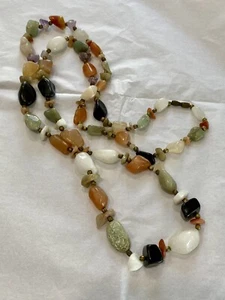 Collana Vintage 36" Multi Pietra Perline Mendicante Chiusura Ottone Agata Lucida - Foto 1 di 4