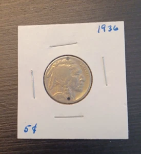 1936-D Buffalo Nickel w/2 holes (#190) - Picture 1 of 3