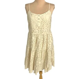 True Religion Eyelet Lace Cream Swing V-Neck Tiered Dress S Boho Festival Flowy - Picture 1 of 6