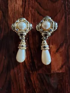 Vintage Kunstperlen Ohrclips baumelnd Modeschmuck goldfarben - Bild 1 von 7