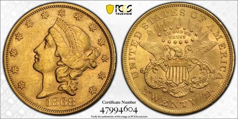 1868-S $20 AU58 PCGS CAC Cover