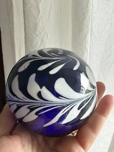 Art Glass Large Cobalt Blue with White Flower Splash Design Round Paperweight - Picture 1 of 6