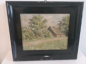 Gemälde Ölbild Reetdachhaus signiert mit  ?? im schwarzen Rahmen - ANTIK - Bild 1 von 3