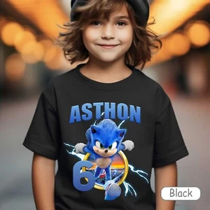 The hedgehog Birthday Custom Sonic T shirt Kids size 6 Royal Crew Neck - Picture 1 of 10