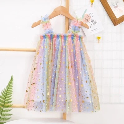 Lindo Vestido Tutú Verano Niñas Dulce Moda Eslinga Arco Iris Malla Plisado Eslinga Foto 1 de 4