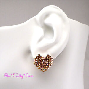 Rose Gold Plated Geometric Love Heart Stud Huggie Earrings w/ Swarovski Crystals