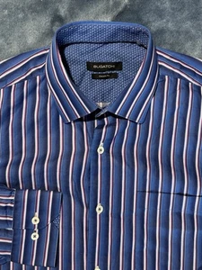 Bugatchi Uomo Shirt Mens Large Blue White Pink Striped Classic Fit Long Sleeve - Picture 1 of 7