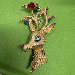 Vintage 60er Jahre MYLU Weihnachts Brosche Anstecknadel RUDOLPH! Rentier Hänger Perlen goldfarben ~ 3 Zoll - Bild 1 von 8