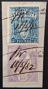 1882- Victoria Australia £2 Blue &15/- Mauve Stamp Duty stamps on Piece used - Picture 1 of 2