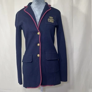 Lauren Ralph Lauren Women’s XS Knit Sweater Blazer Jacket Crest Navy/Red Preppy - Picture 1 of 12