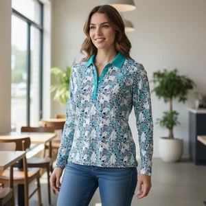 KYODAN Floral Long Sleeve Green Tropical Print Golf Polo Shirt Top Large Stretch - Picture 1 of 14