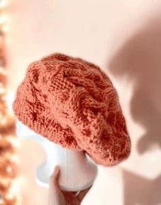 Hand Knit Beanie Women Cable Slouchy Hat in Coral Orange - Picture 1 of 4