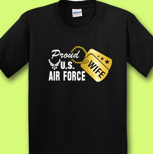 Proud Air Force Wife Black T-shirt Tee Design w/ Metallic Gold Military Dog Tag - Picture 1 of 8