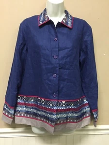 Camisa Chaqueta Coldwater Creek Bordada Adornada Azul Lino Talla Pequeña - Imagen 1 de 5