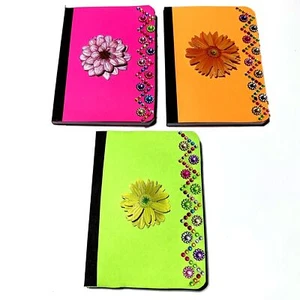 Mini Composition Notebooks Set of 3 Bright Colors Flowers Lined Pages Pocket - Picture 1 of 5
