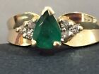 Ladies 14K Yellow Gold Emerald Pear & Diamond Ring sz 5-1/2 Vintage