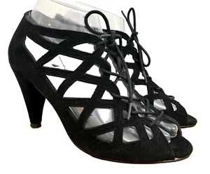 Bijou By AJ Valenci Lace Up Cutout Black Suede Sandals Shoes Heels Size 6.5 - Picture 1 of 11
