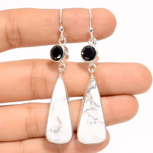 Howlite Black Onyx Gemstone Fashion Jewelry 925 Silver Earrings 2.3" ARE-4105 - Picture 1 of 3