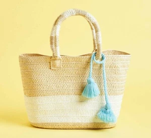 ALTRU Strohtasche weiß Akzentstreifen abnehmbar blau Quasten & Staubbeutel Strand - Bild 1 von 3