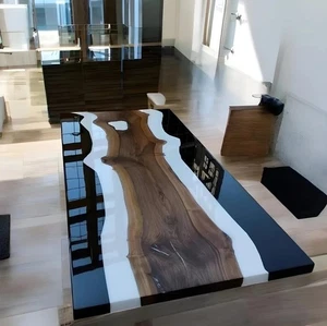 60"x36" Epoxy River Table Black White Live Edge Acacia Wood Resin Dining Desk - Picture 1 of 8