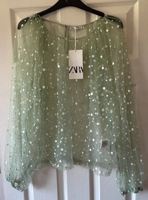 Blusa Top ZARA de Tul Grande Punto Lunares Verde Pistacho Nueva con Etiquetas M 12/14 Foto 1 de 4
