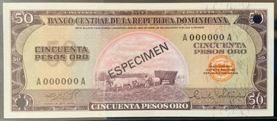 1964-1974 DOMINICAN REPUBLIC PAPER MONEY - 50 PESOS ORO SPECIMEN BANKNOTE! - Image 1 of 2